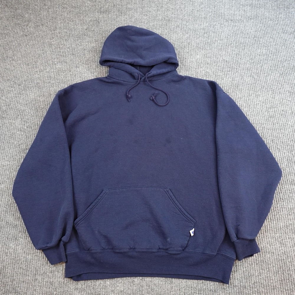 Vintage Russell Athletic Hoodie Mens XL Blue Blank Pullover Sweatshirt USA